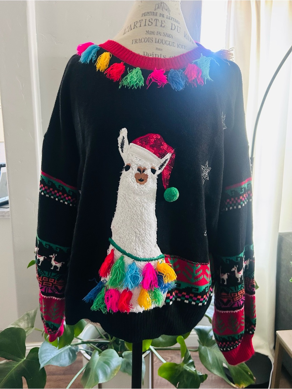 Holiday Time Black Llama Sweater with Multicolor Tassels